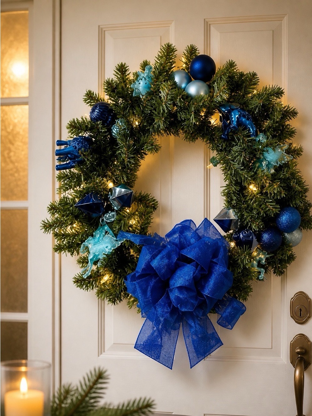 BLUE WREATH UNICORN & ELEPHANT PRE-LIT CORDLESS WREATH